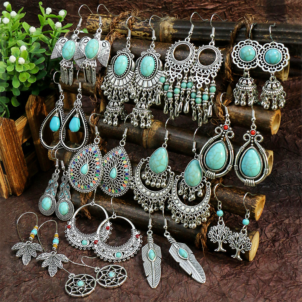 Ancient Silver Ethnic Style Earrings Turquoise Inlaid Beads Bell Leaves Birds Embellishment Personalized Accessories Gift Party