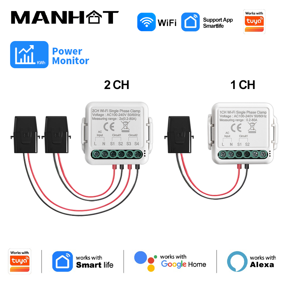 Manhot WiFi Smart Energy Meter Two Way 1, 2 Channel with Current Sensor Clamp For Tuya/Smart Life Monitor Power 80A 110V/240V