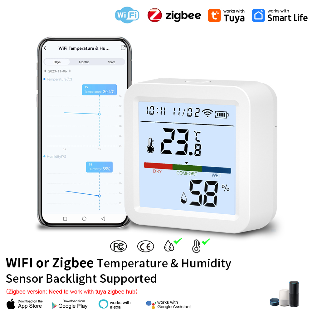 Tuya WIFI or Zigbee Temperature Humidity Sensor Hygrometer Thermometer Smart Home Backlight Smart Life Support Alexa