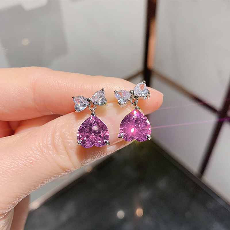 Huitan Chic Romantic Pink Crystal Drop Earrings Female Engagement Accessories Delicate Design Love Jewelry for Wedding Ceremony