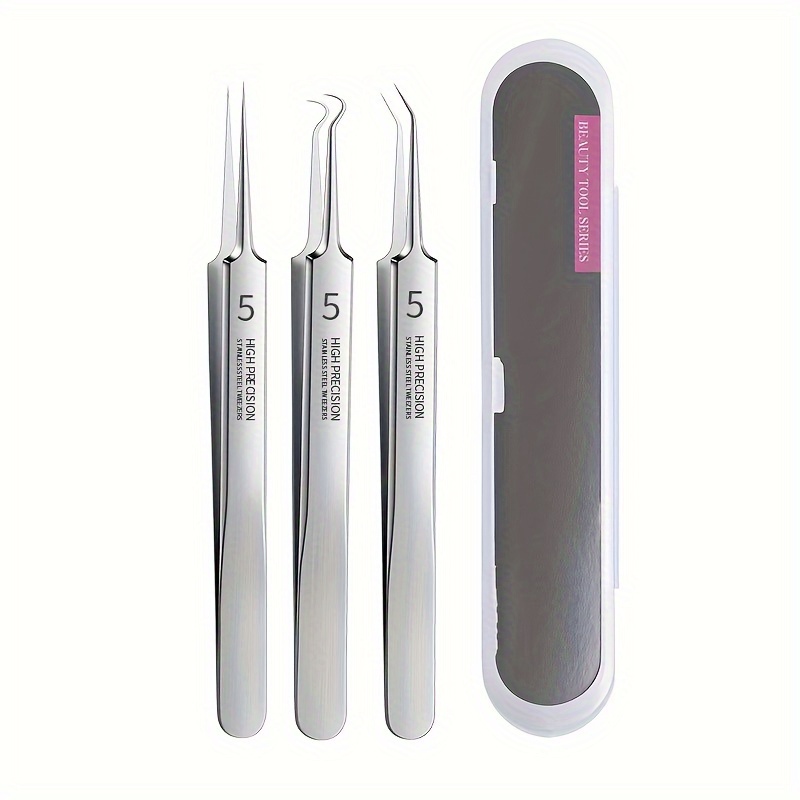 3 Pieces Of Stainless Steel Tweezers In Various Sizes With Storage Box, Super To Remove Blackheads, Facial Pore Cleaning C