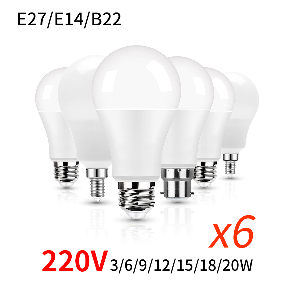 6Pcs/Lot E27 E14 B22 LED 220V 3W 6W 9W 12W 15W 18W 20W LED Bulb Cold White LED Lights For Living Room Use