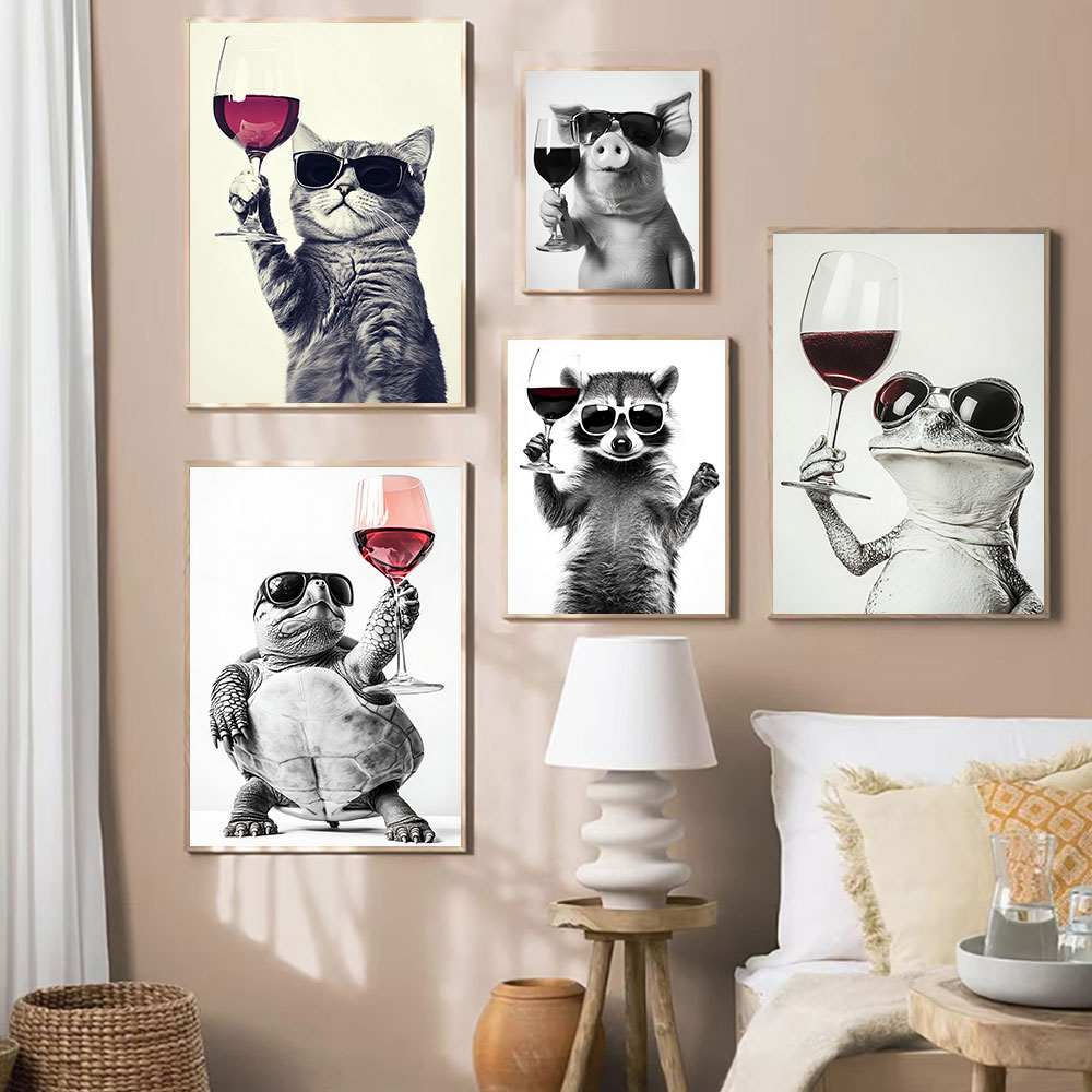 Animal Poster Funny Cat Frog Pig Drinking Canvas Painting Print Room Home Kitchen Bar Cafe Dining Room Wall Decor