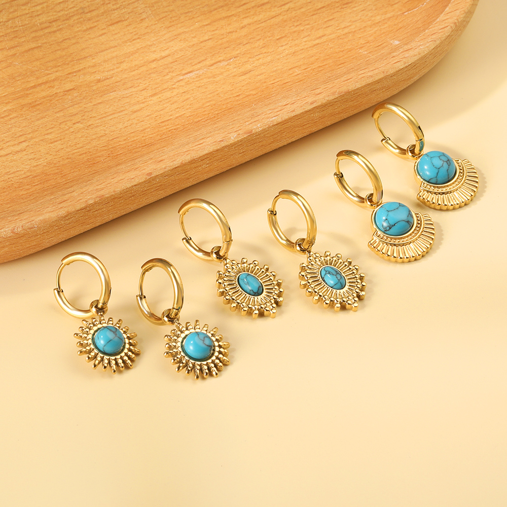 LUXUSTEEL Boho Stainless Steel Hoop Earrings Turquoise Blue Stone Charm Drop Earring For Women Girls 2023 France Chic Jewelry