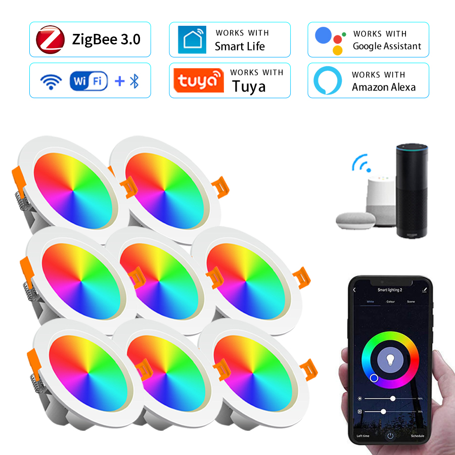 15W ZigBee Smart Ceiling Light RGB Tuya WiFi Bluetooth LED Downlights Recessed Spotlight Alexa Lamp Control Home