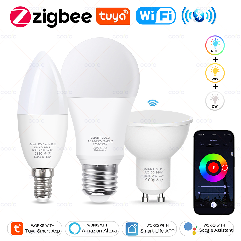 GU10 WiFi Bluetooth Zigbee Smart LED Bulbs RGB C+W White Dimmable Lamps Tuya APP Remote Control Led Light Bulbs Works With Alexa