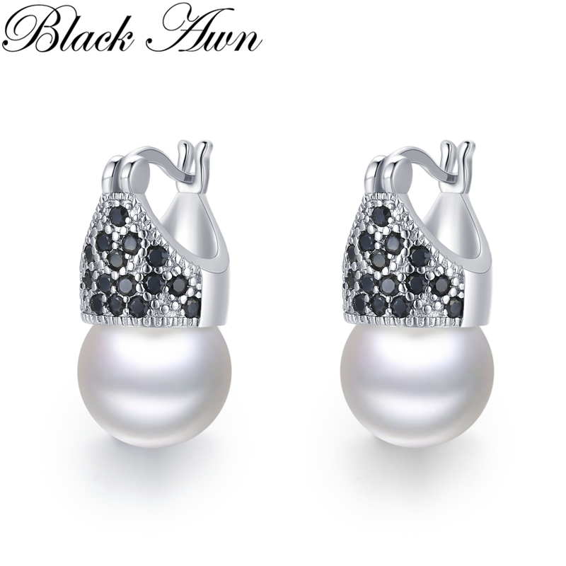 Black Awn 2023 New Round Pearl Hoop Earrings for Women Classic Silver Color Trendy Spinel Engagement Jewelry I221