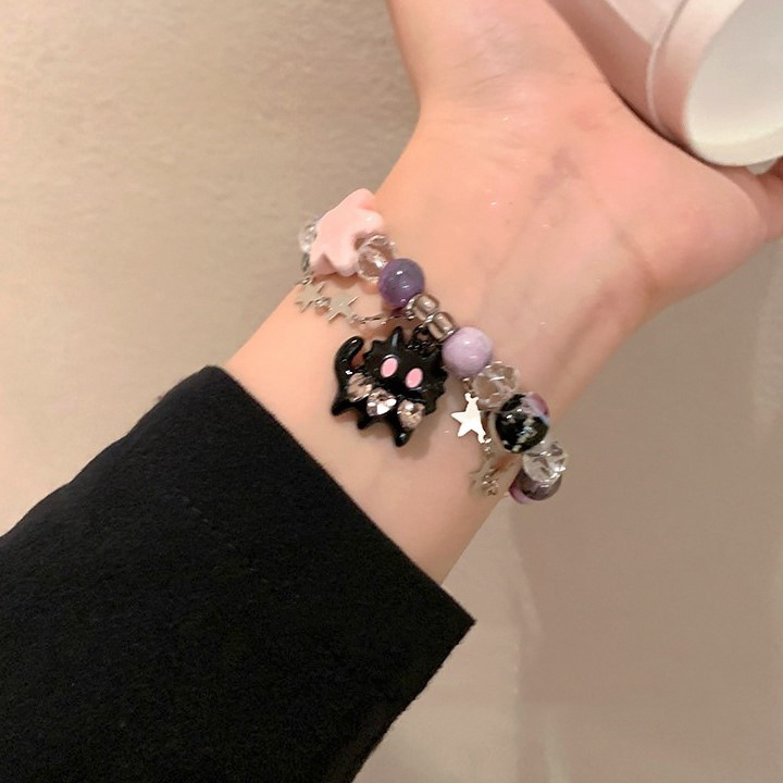 New Black Cat Heart Rhinestone Pentagram Star Beads Bracelet for Women Aesthetic Sweet Cool Trendy Jewelry Korean Fashion