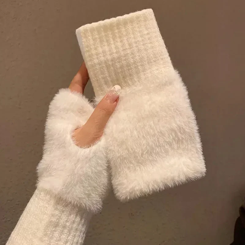 1Pair Soft Winter Half Finger Gloves for Women Warm White Plush Knitted Fingerless Gloves Wrist Mittens Writting