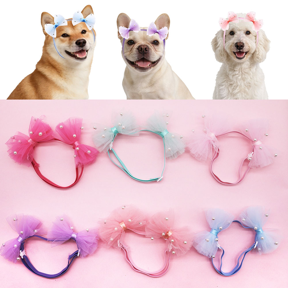 1PC Pet Lace Bows For Hair Colorful Adjustable Pearl Dog Bows Flexible Elastic Bands Cute Double Bows For Dogs and Cats