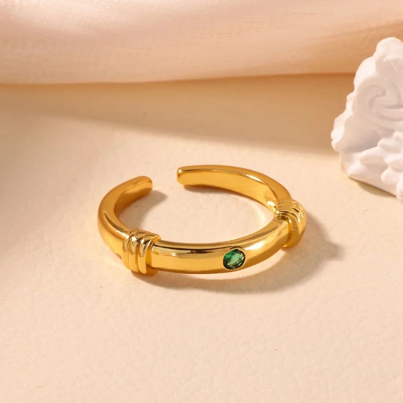 Zircon Green Knot Rings For Women 18K Gold Plated Stainless Steel Knot Opening Ring Party Jewelry
