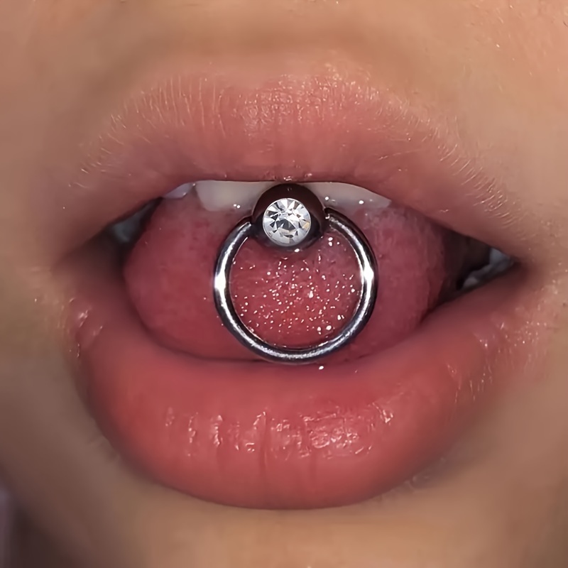 1PC 14G Stainless Steel Tongue Rings Cubic Zirconia Tongue Barbell 16mm Slave Ring Piercing Barbell Body Jewelry for Women