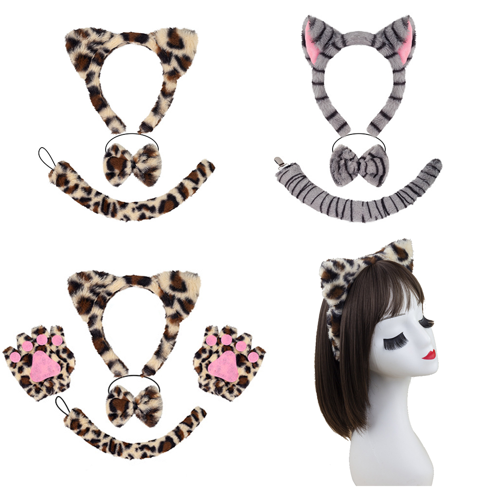Anime Leopard Print Cat Ear Headband Cosplay Halloween Stripe Anime Animal Tiger Plush Headwear Tie Tail Gloves Performance Prop