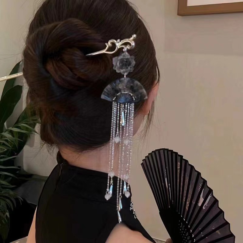 2025 Women's Hot Selling New Chinese Ink Gradient Flower Fan Hairpin Hanfu Qipao Hairstyle Tassel Hair Accessories