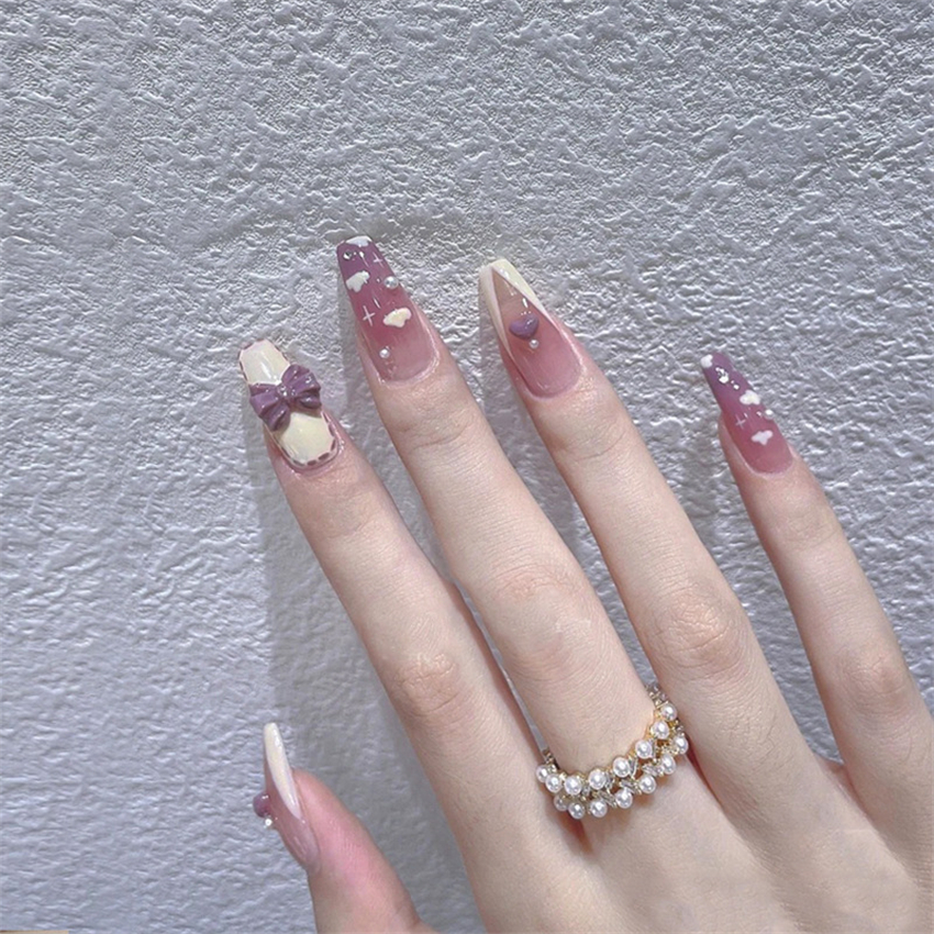 24PCS Medium length Taro Purple Gradient Star Cloud Fake Nails Full French White edged Bride Wear Press on Nail Art False Nails