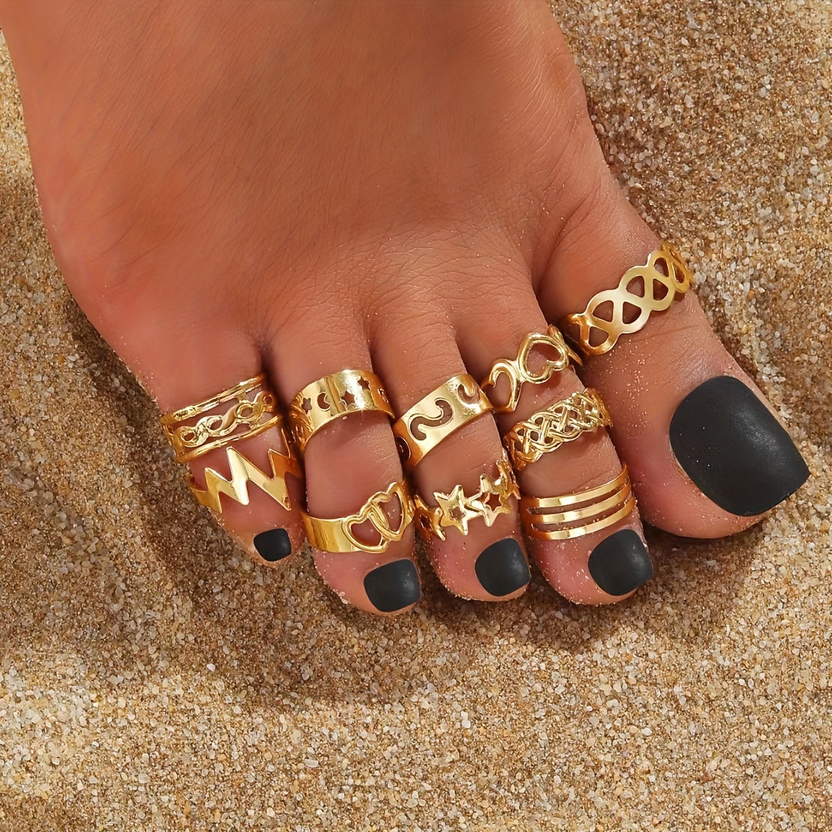 10Pcs Bohemian Hollow Star Moon Toe Ring Vintage Gold Color Adjustable Wide Opening Ring Women's Summer Beach Jewelry