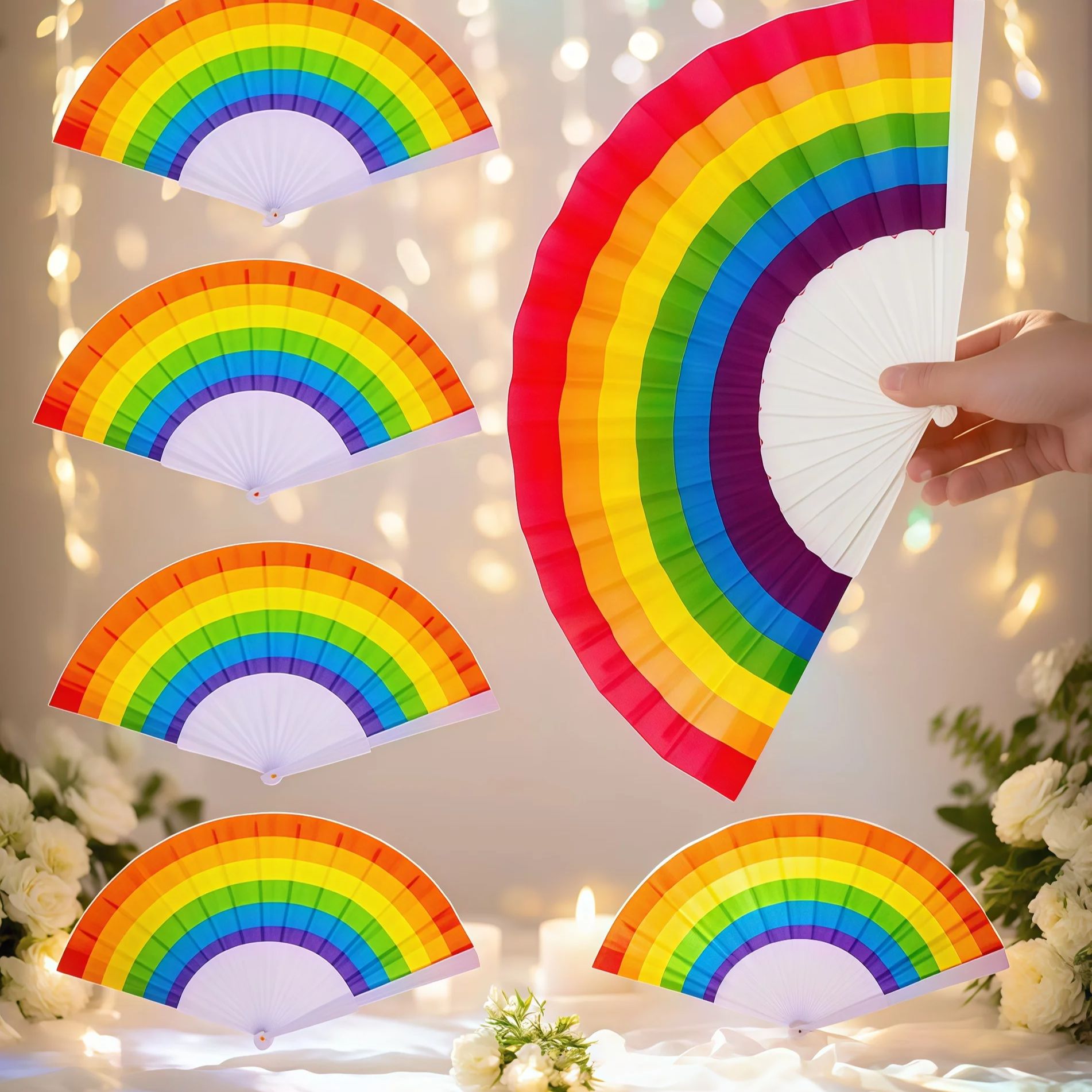 4/10/20/30 Pcs Handheld Rainbow Folding Fan, Wedding Party Decoration, Summer Men And Women's Cool Supplies, Festival Activities