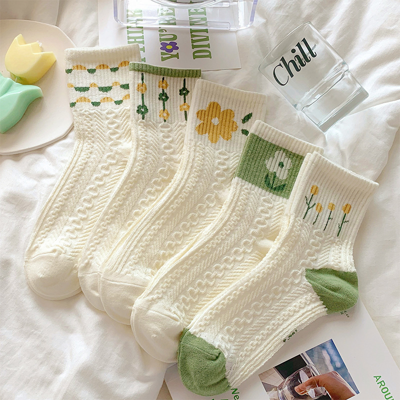 Women's Flower Socks Japanese Korean Style Cute White Black Pink Hajuruku Kawaii Floral Breathable Casual Socks