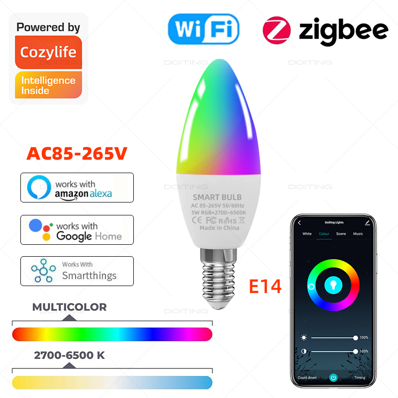 E14 Smart Wifi Led Candle Light Bulb Zigbee 3.0 RGB Colorful Led Lamps 5W Works With Alexa Google Home Smartthings Voice Control lightify