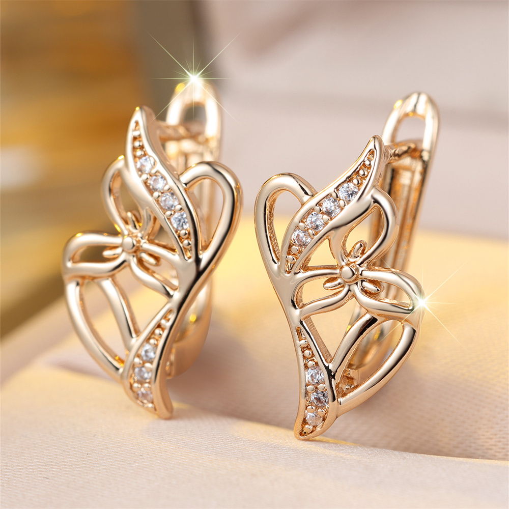White Zircon Small Flower Hollow Metal Hoop Earrings For Women Vintage Gold Color Ear Buckle Wedding Jewelry Mother's Day