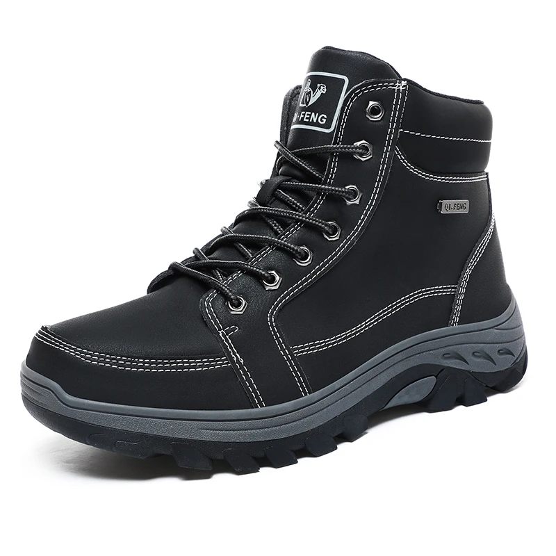 Large Size 48 Leather Hiking Boots Mens Winter Outdoor Warm Fur Non Slip 2025 Fashion Hike Ankle Boot Black Hunting Boots