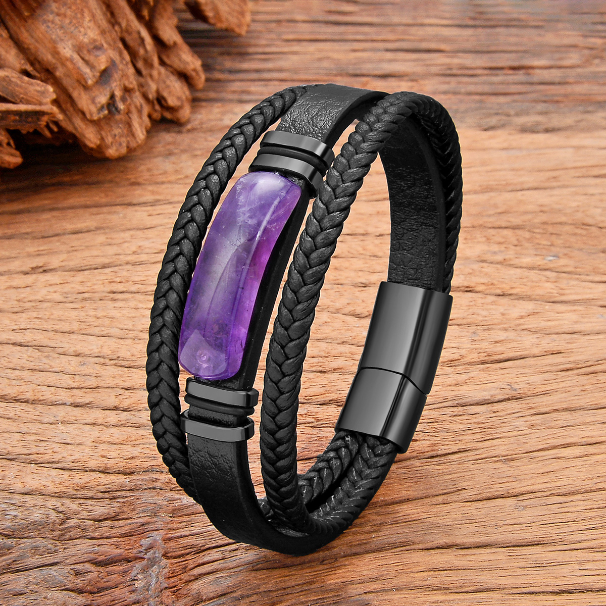 3-Color Personality Luxury Arc Natural Amethyst Stone Bracelet Stainless Steel Accessories Bracelet For man and Women Bles Online DZ-38C-04