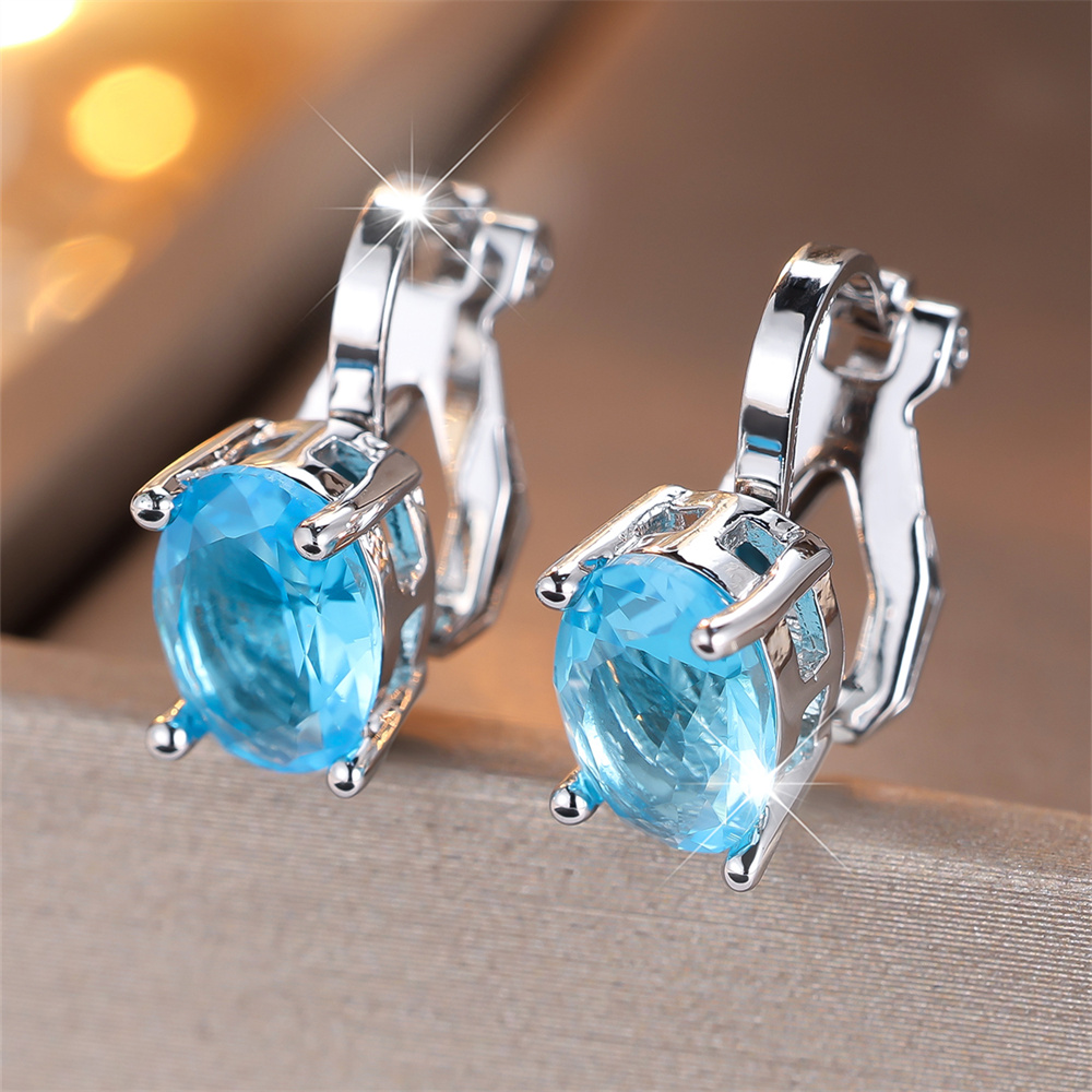 Rainbow Zircon Oval Stone Cute Small Clip Earrings For Women Vintage Silver Color Engagement Earring Multicolor Crystal Jewelry
