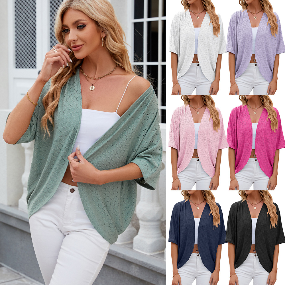 2024 New Spring Summer Fashion Ladies Hollow Out Cardigan Solid Color Circle Short-Sleeved Casual Loose Top Women Outwear