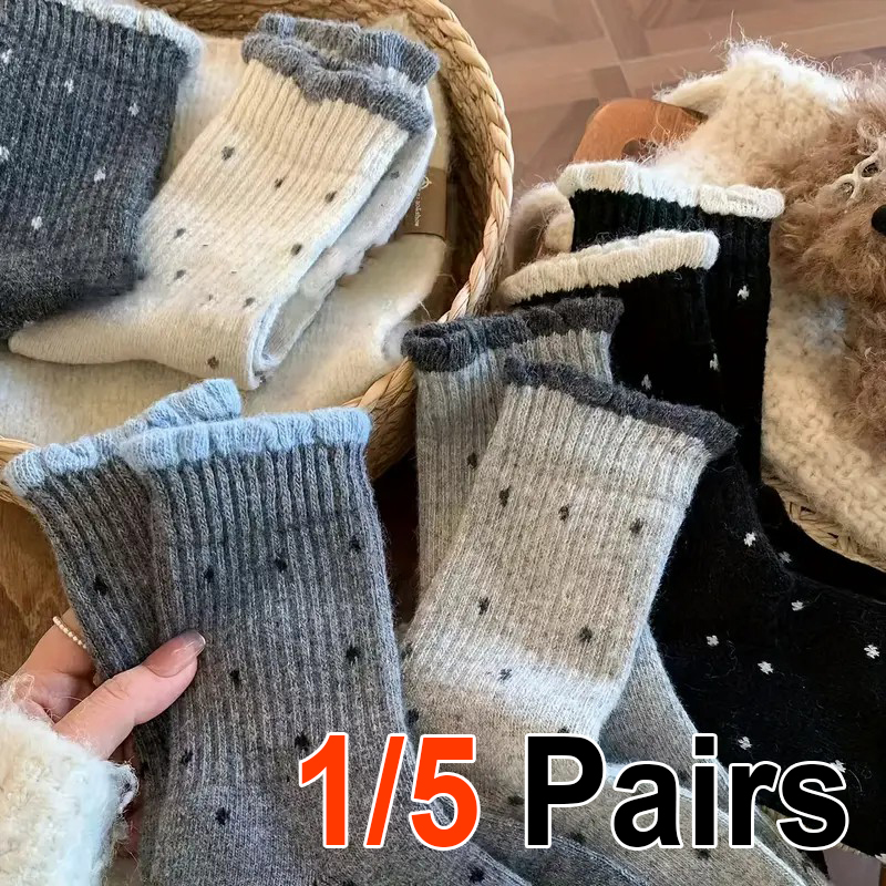 1/5 Pairs Women Autumn Winter Stripe Mid Tube Socks Fashionable Retro Korean Style Comfortable All Season Knitted Casual Socks