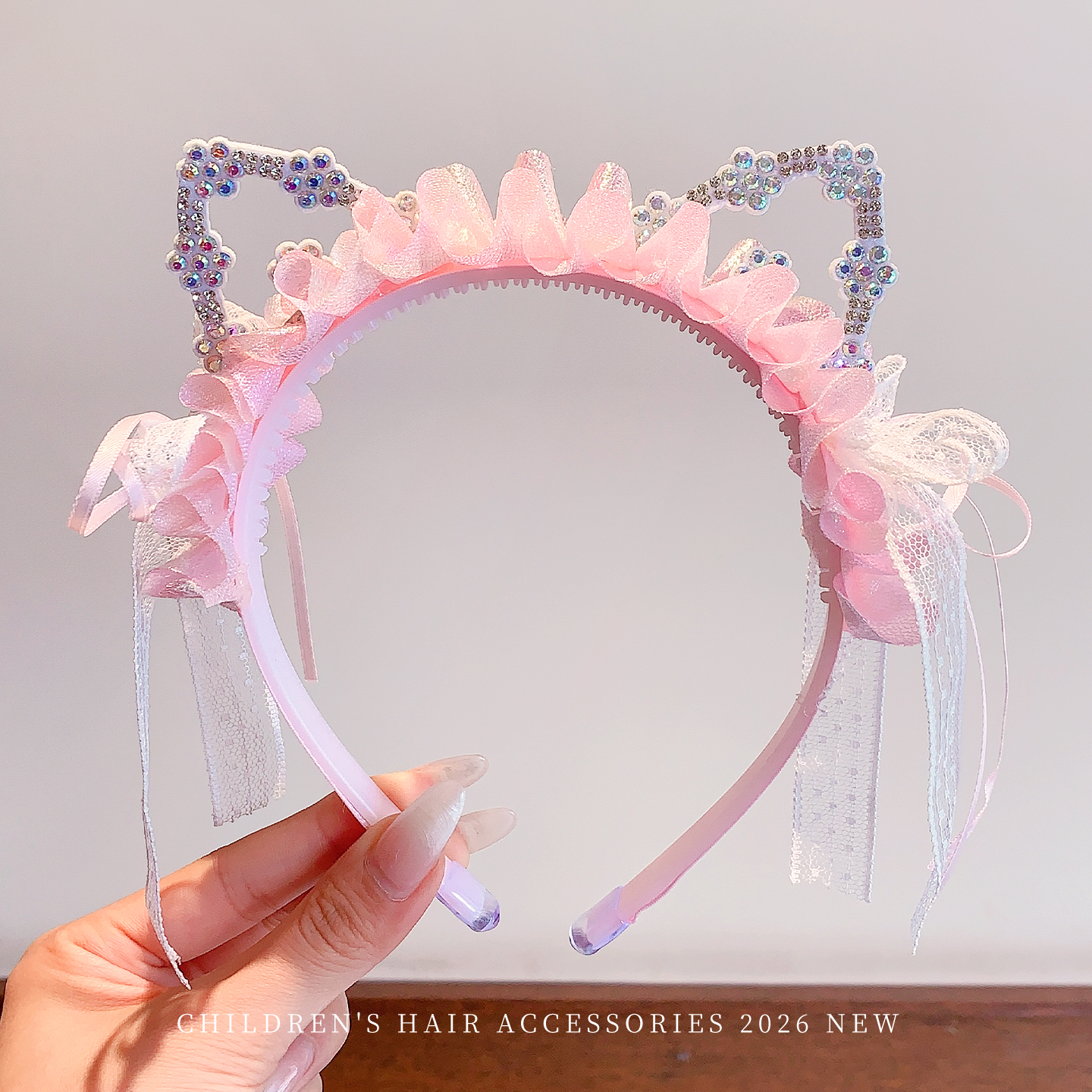 2026 New Cute Cat Ear Princess Tiara Headband Pink Blue Color Crystal Hairband with Ruffle Ribbon for Girls Toddler Party