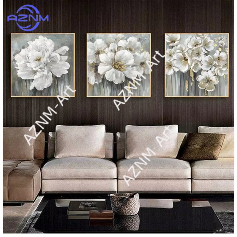 1/3pcs Mintura Wall Picture for Living Room Oil Paintings on Canvas Hand Painted Many White Flowers Hotel Decor Home Art