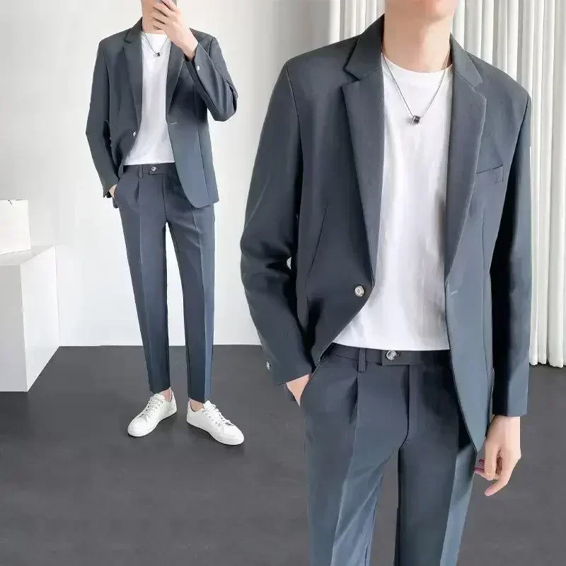 S-5XL High Quality Men's Suit Gentlemen Simple Business Casual Suits 2 Pieces Set Fashion Classic Solid Color (Blazer +Pants）