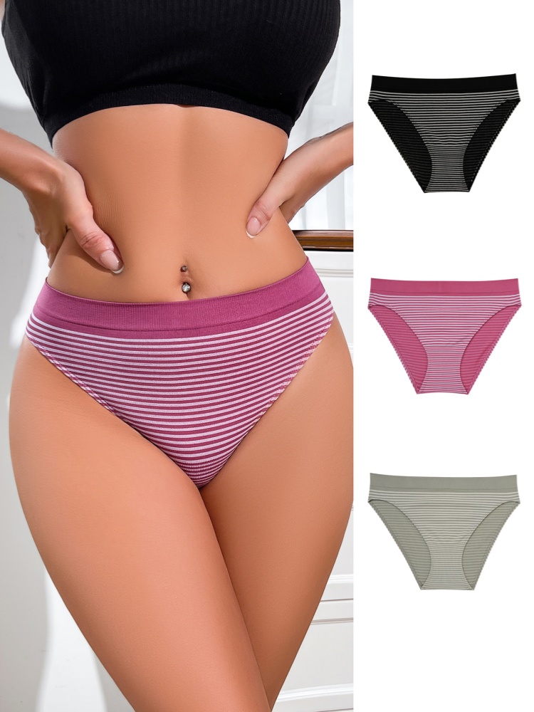 3Pcs Women's Striped Underpants Trendy Simple Triangle Briefs Comfortable Breathable Close Fitting Mid High Waist Underpants