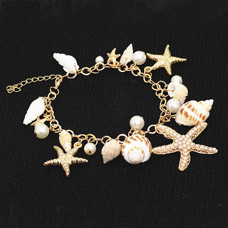 Bohemia Gold Color Metal Starfish Conch Chain Bracelet for Women Elegant Imitation Pearl Charm Bracelet Summer Beach Jewelry