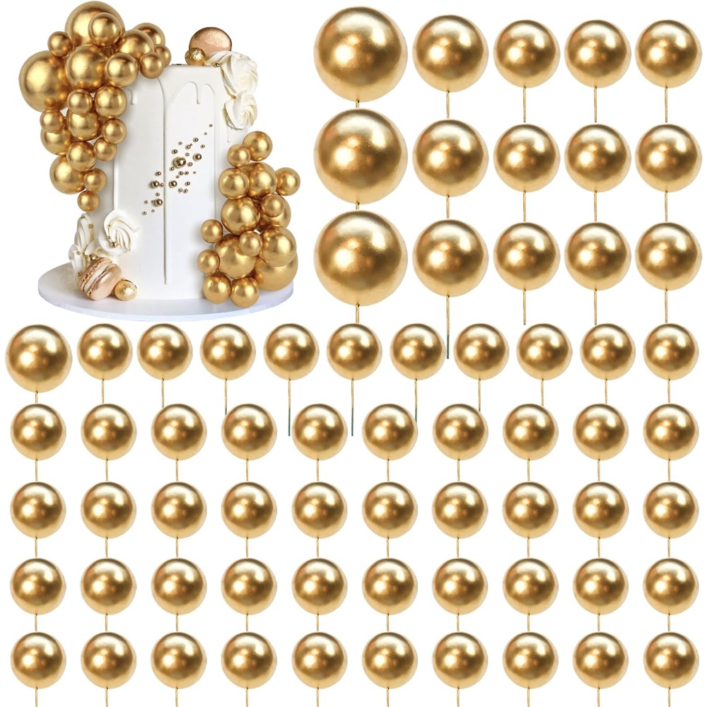 66 PCS Ball Cake Picks Gold 4 Sizes for DIY Baking Decoration Cupcake Toppers and Wedding Anniversary Birthday
