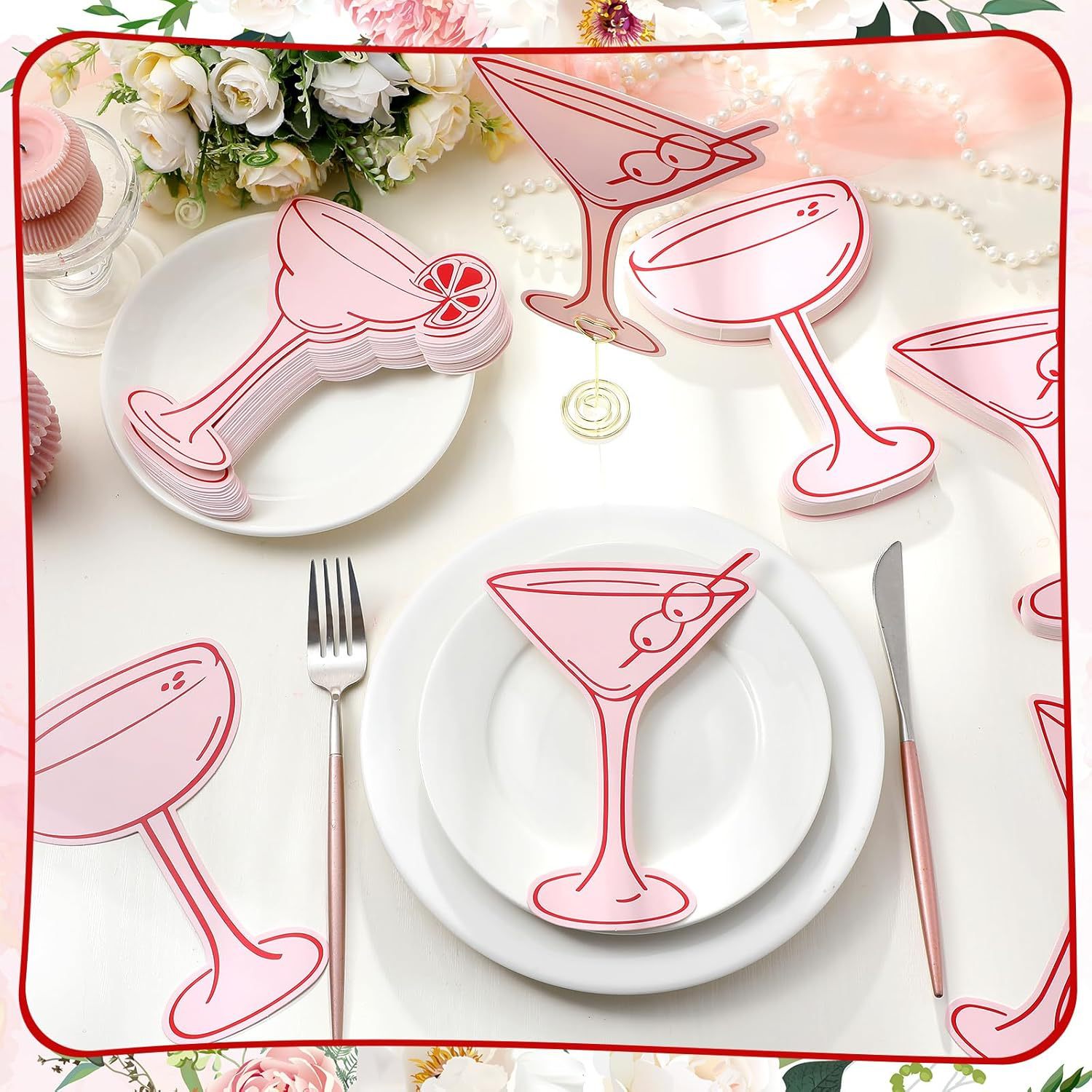 20pcs Pink Glass Theme Multi-style Paper Table Ornament Family Gathering Birthday Wedding Party Romantic Plates Decoration
