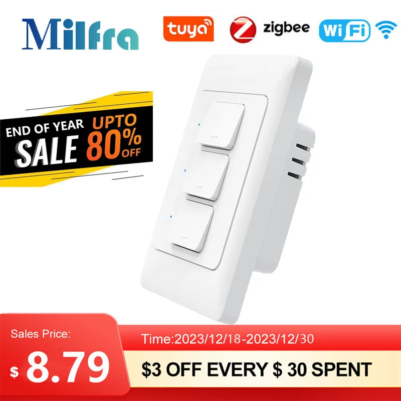 Milfra Smart Light Switch WiFi Zigbee No Neutral Wire Required AU KR Brazil Wall Button Switches 1/2/3Gang AC100V-250V 50/60Hz lightify
