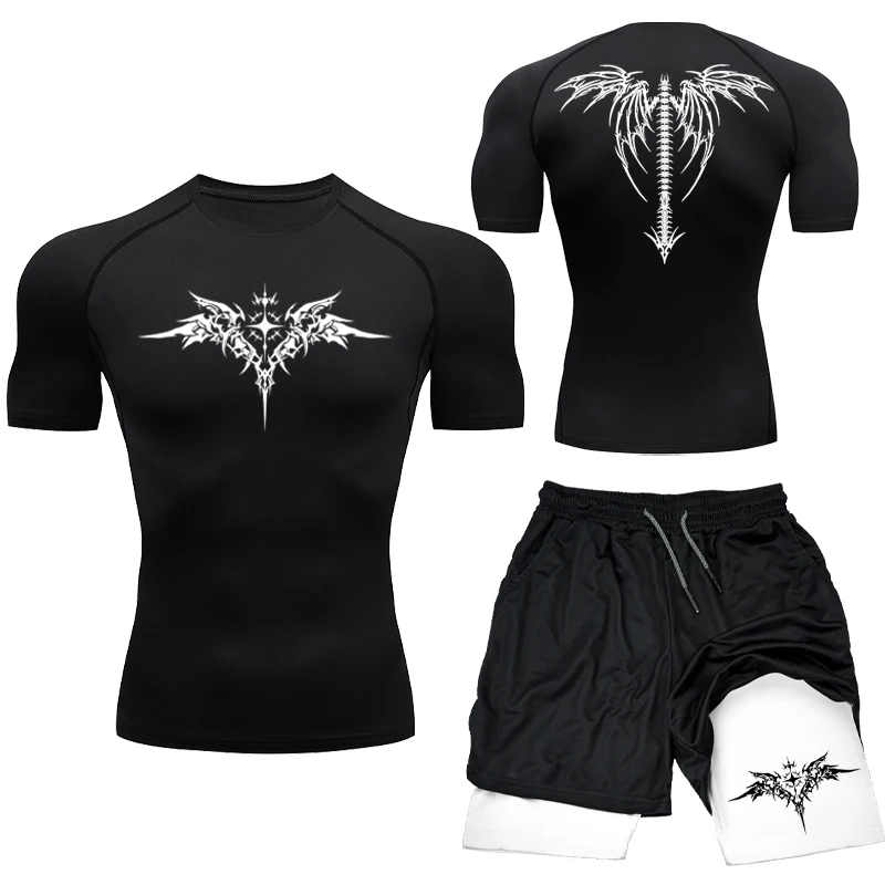 New Men's MMA Compression Athletic Set - Quick-Dry Gym Shorts + Running Workout Tight Rashguard 2-Piece Set RL0513