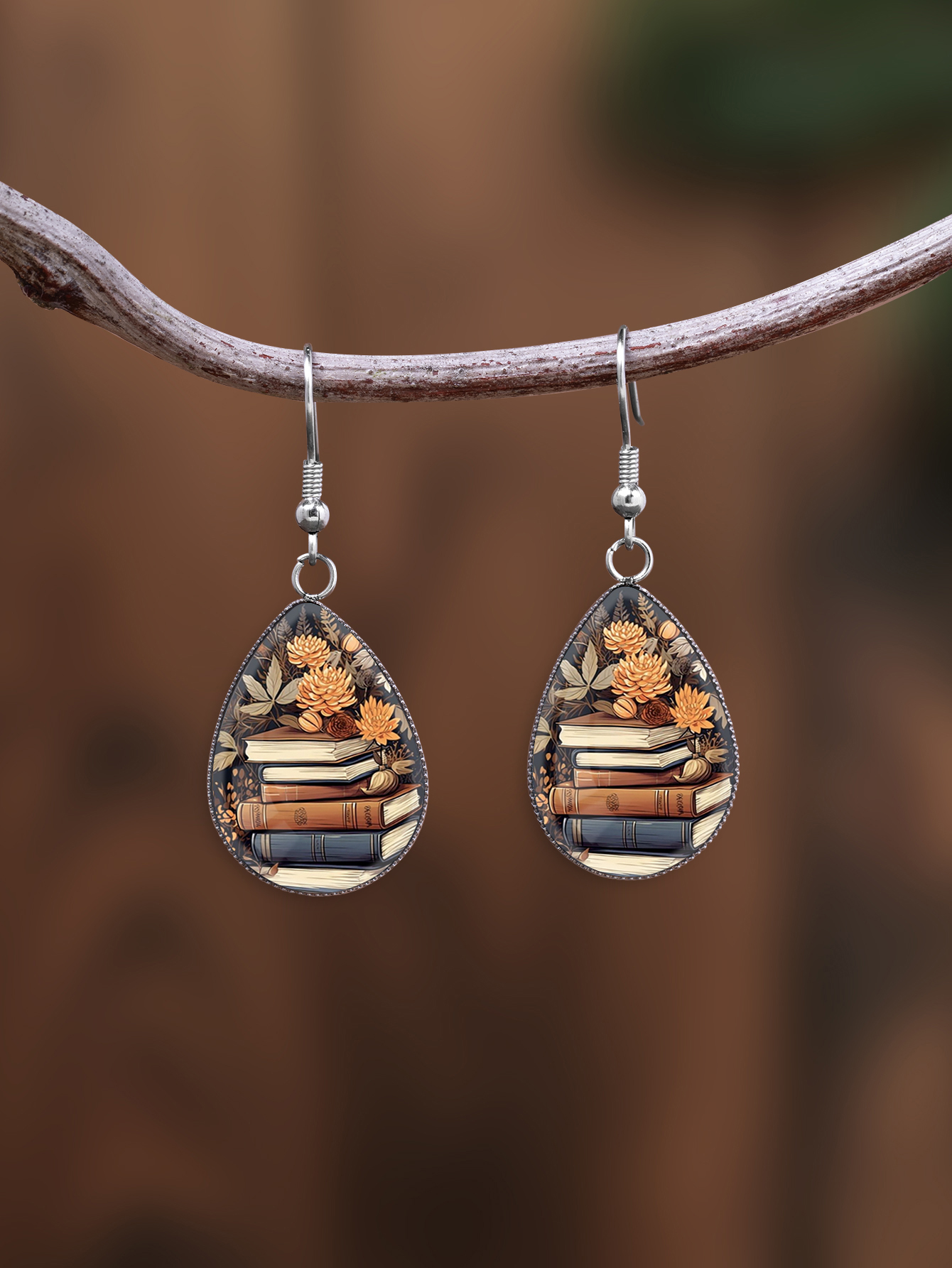 1 Pair of Cartoon Book-Patterned Earrings with Convex Glass and 316 Stainless Steel Water Drop Ear Hooks, in a Retro and Simple Style, Suitable for Women for Daily Gift-Giving and Wearing as Jewelry Earrings. Elegant and Simple Style Jewelry Earrings f...