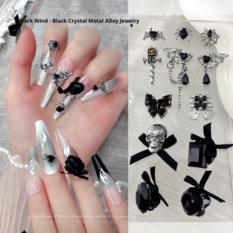 YYM Vintage Black Nail Charms Gothic Dark Bowknot Rhinestones Alloy Nail Diamonds Nail Art Decorations Manicure Accessories