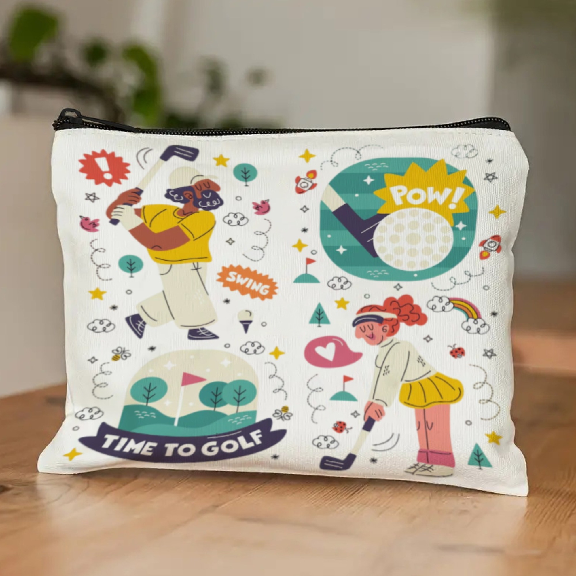 Vibrant Cartoon Golf-Fun Cosmetic Bag Rainbow Gradient with Golfers Action & Smiling Golf Balls Playful Beauty Organizer