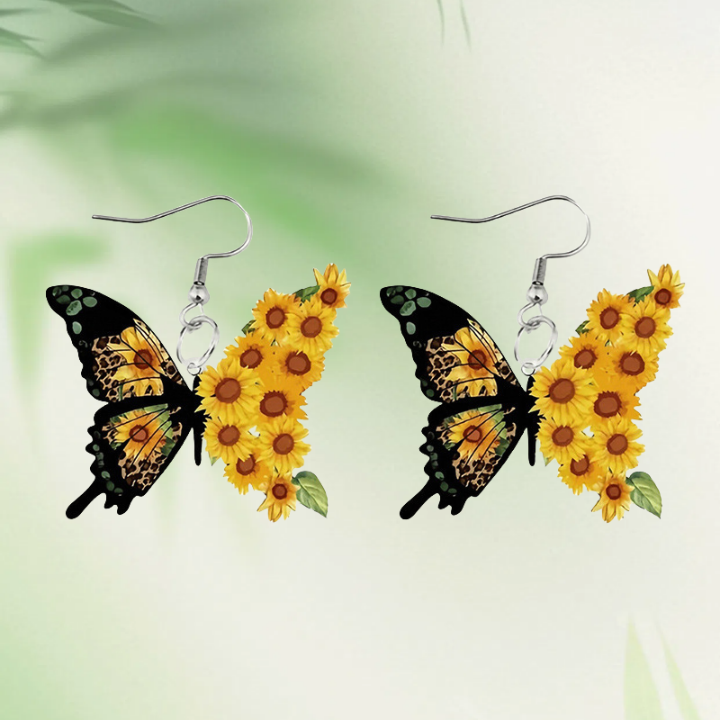 1 pair of acrylic flat sunflower butterfly earrings, summer fresh and sweet girl student earrings gift