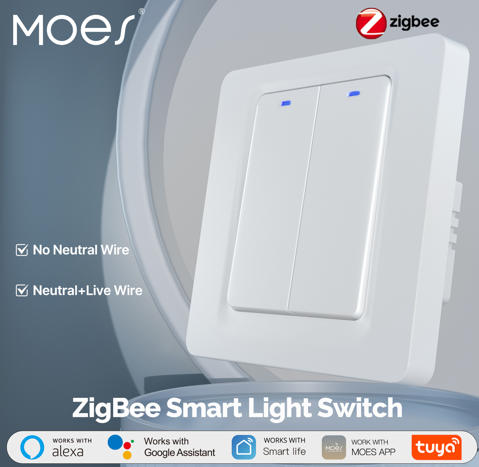 MOES Tuya ZigBee Smart Wall Light Switch with Optional Neutral Wire Magnetic Relay App Control Alexa Home