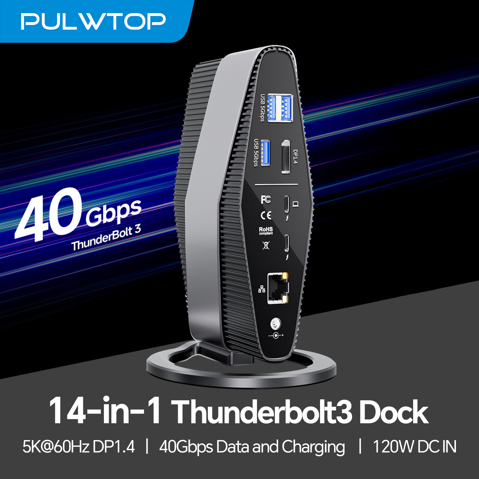 PULWTOP Thunderbolt 3 Dock, Laptop Docking Station with Dual Monitor 4K Display, 40Gb/s, SD/TF 4.0, USB A/C 10Gbps