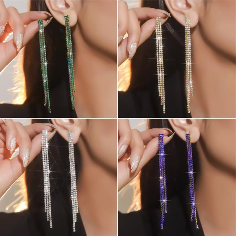 FYUAN Fashion Long Tassel Drop Earrings for Women Black Gold Silver Color Rhinestone Dangle Earring Wedding Party Jewelry