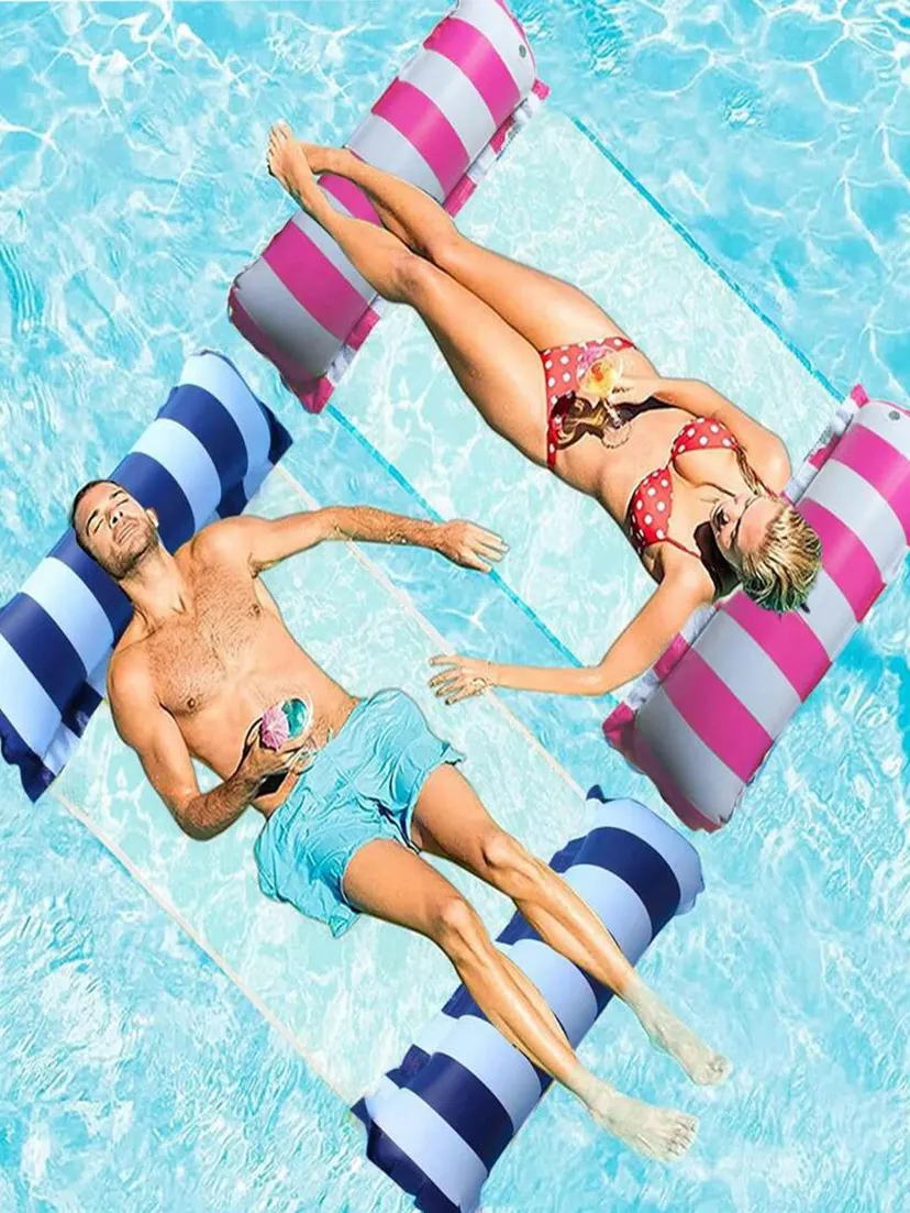 Foldable Striped Inflatable Lounge Chair, Suitable For Swimming Pool Parties And Beach Leisure Floating Beds With Net Backrest