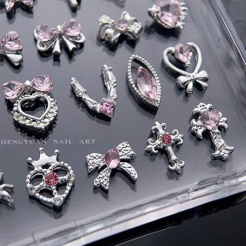 10 Pcs/Bag Luxury Silver Pink Diamond Metal Alloy 3D Shiny Sweet Bow Butterfly Heart Nail Charms Nail Art Decoration Accessories