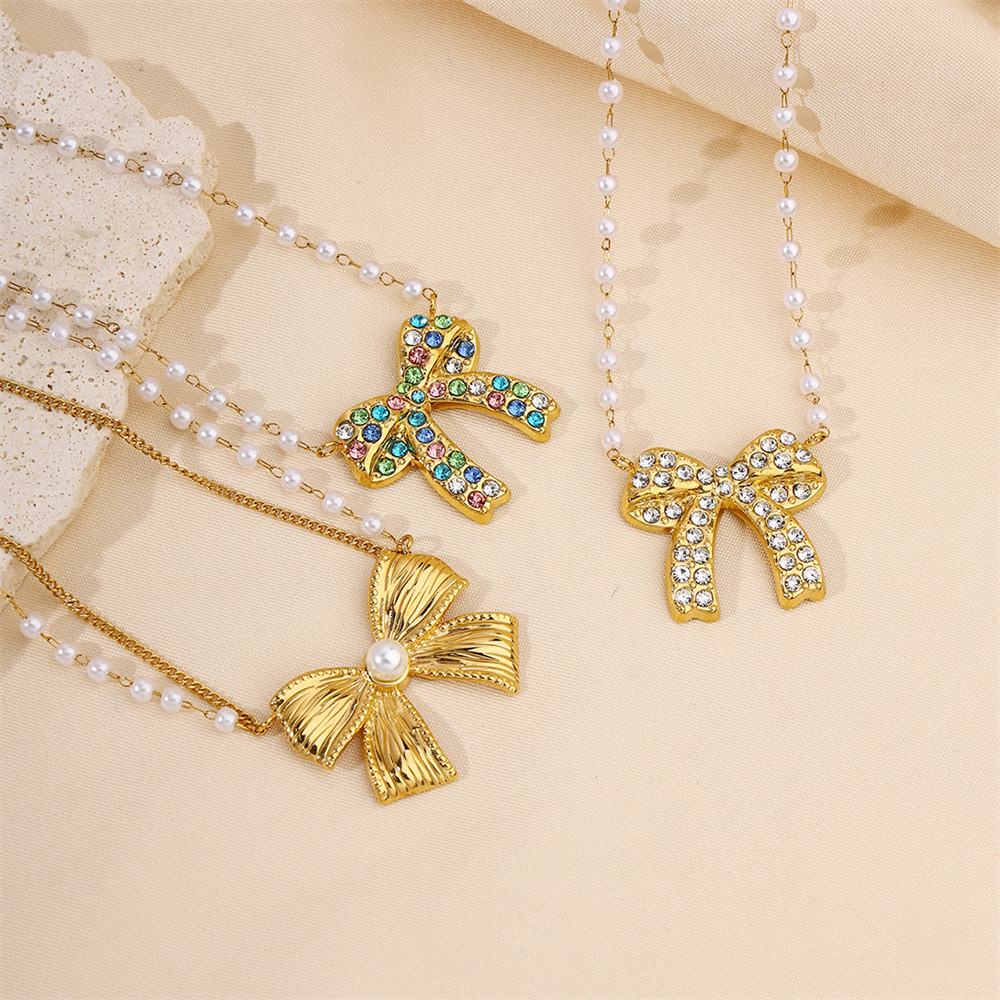 Kissmoon Trendy Zircon Bowknot Pendant Necklace for Women Stainless Steel Bow Beaded Chain Necklace Jewelry Accessories
