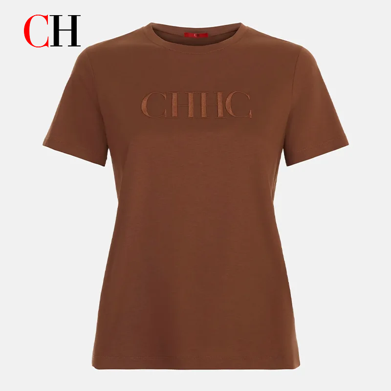 CH Premium Pure Cotton Embroidered T-shirt Brown CHHC Letter Embroidered Top Women 2026 New Simple Round Neck Base Shirt