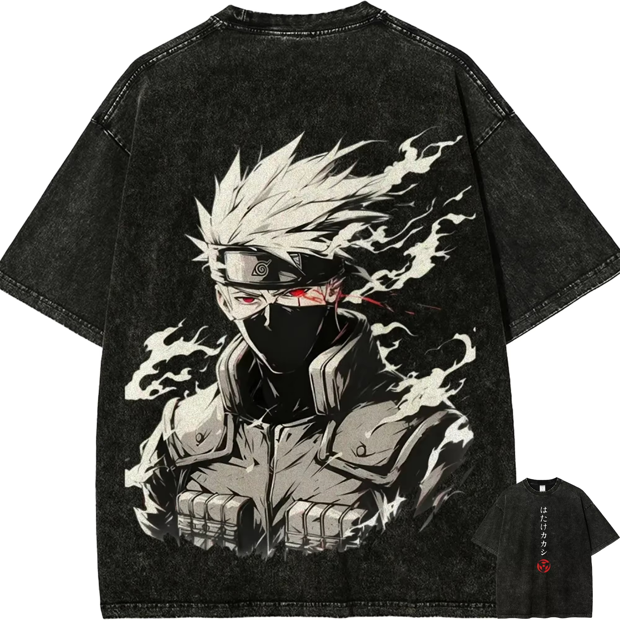 Naruto Kakashi Hatake Shirt, Sharingan Eye Design Retro Style Street Wear Y2K Anime Pattern Cotton Men's Cotton Washed T-shirt